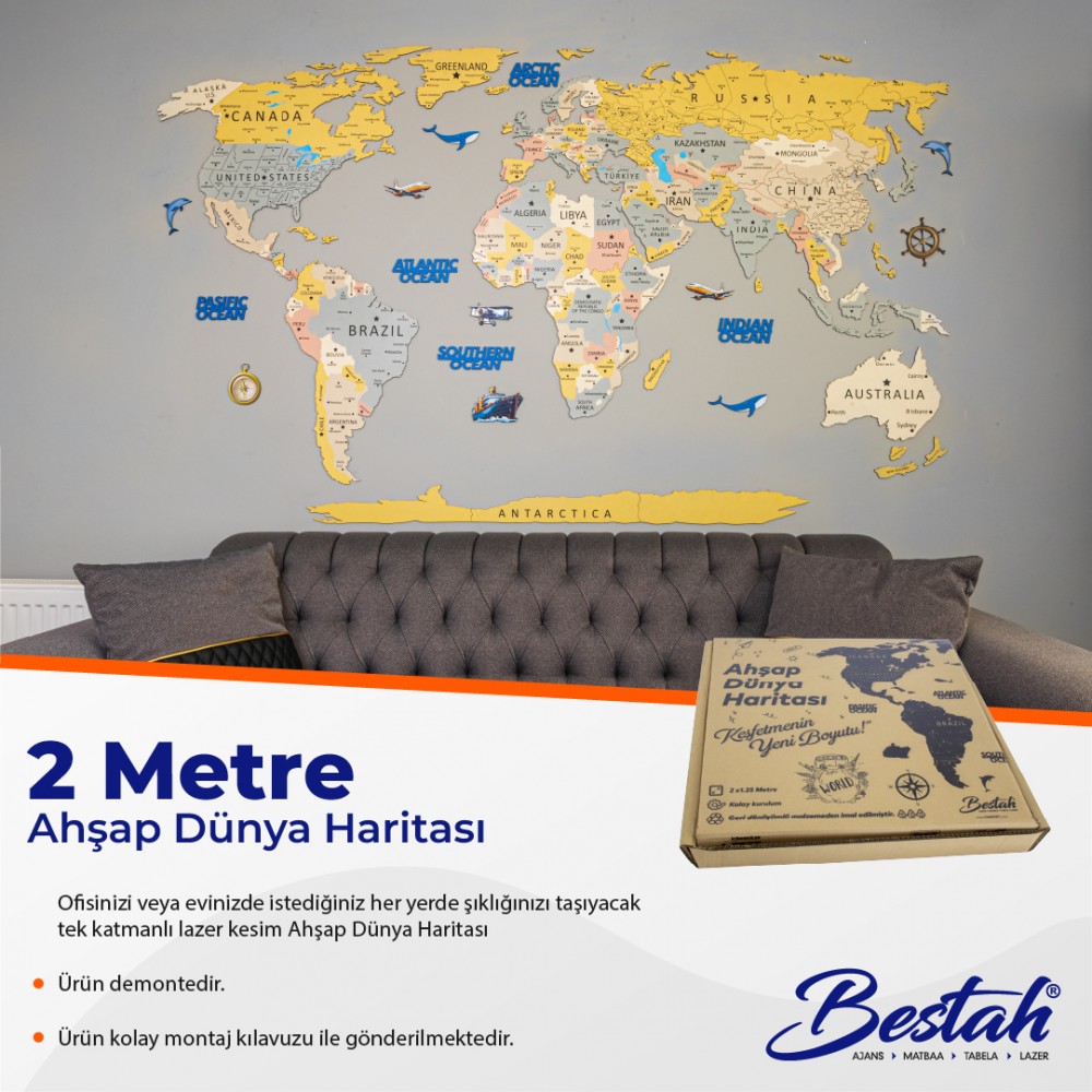 Bestah Tek Katman Renkli Ahşap Dünya Haritası